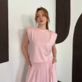 Vatkalı Bluz Piliseli Etek Takım Pembe