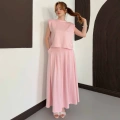 Vatkalı Bluz Piliseli Etek Takım Pembe