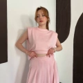 Vatkalı Bluz Piliseli Etek Takım Pembe