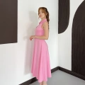 Yaka Detay Sıfır Kol Midi Elbise Pembe
