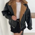 Yaka Peluş Detay Deri Ceket Kahve
