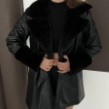 Yaka Peluş Detaylı Kuşaklı Deri Kısa Ceket Siyah