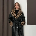 Yaka Peluş Detaylı Kuşaklı Deri Uzun Ceket Leopar