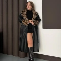 Yaka Peluş Detaylı Kuşaklı Deri Uzun Ceket Leopar