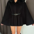 Yaka Peluş Kemerli Panço Siyah