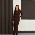 Yakalı Düğme Detaylı Triko Elbise Acı Kahve