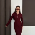 Yakalı Düğme Detaylı Triko Elbise Bordo