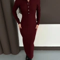Yakalı Düğme Detaylı Triko Elbise Bordo