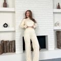 Yarım Boğazlı Taş İşlemeli İkili Set Bej