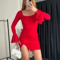 Yırtmaç Detay Kare Yaka Mini Elbise Kırmızı