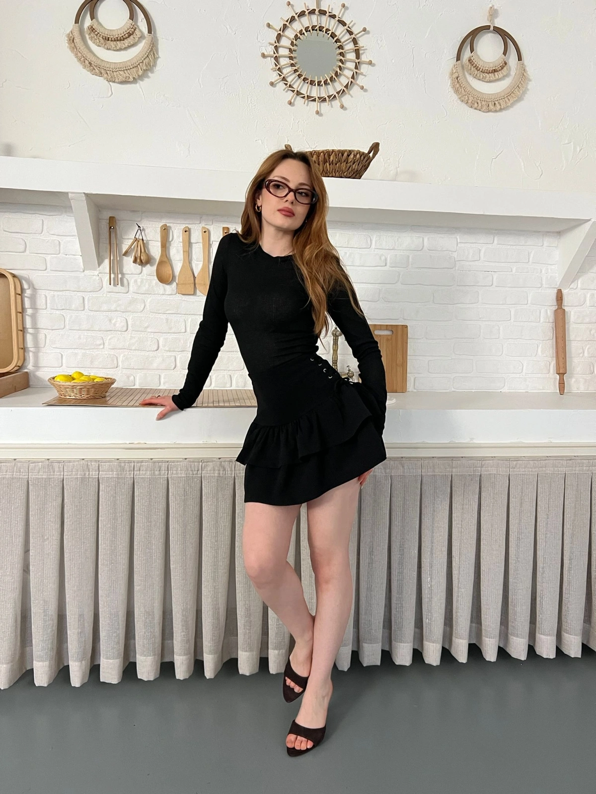 Kuş Gözü Detaylı İçi Şortlu Mini Etek Siyah