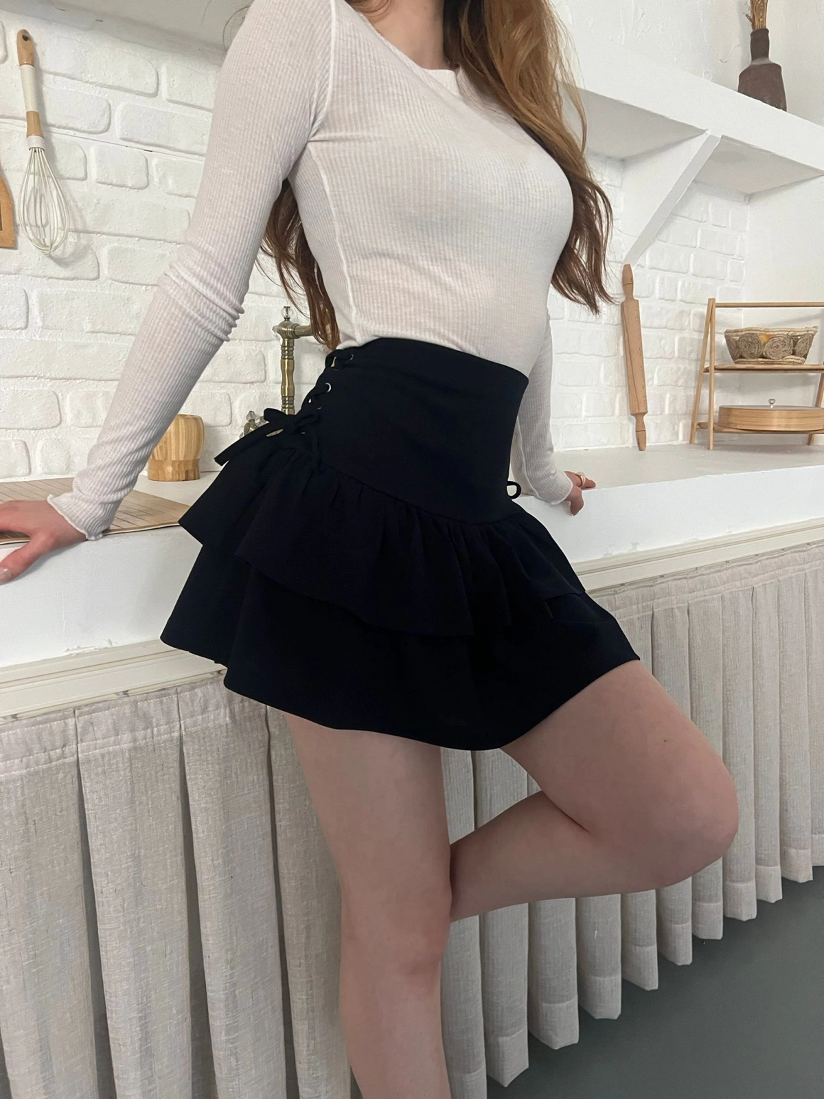 Kuş Gözü Detaylı İçi Şortlu Mini Etek Lacivert