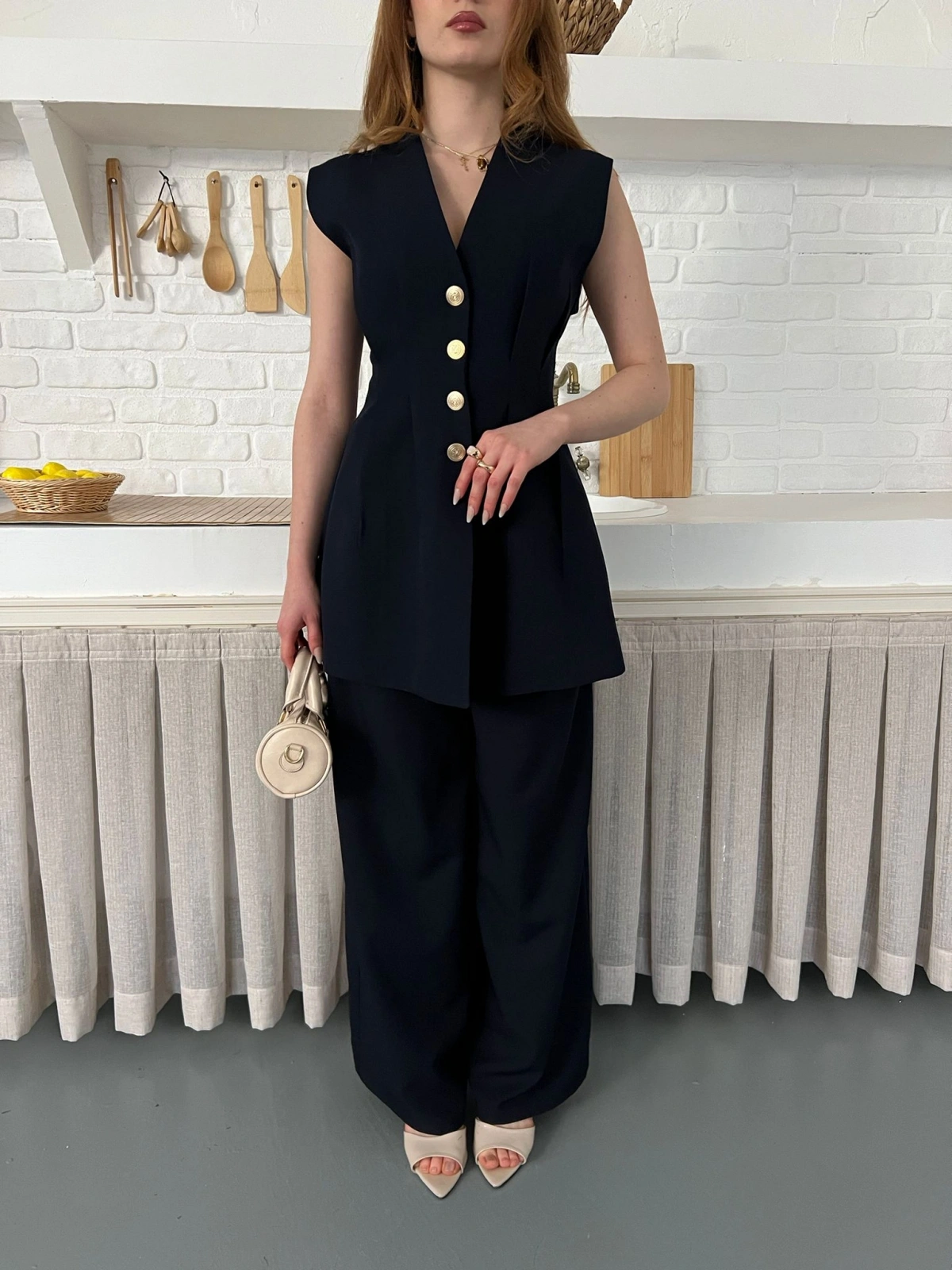 Gold Düğme Detaylı İkili Takım Lacivert