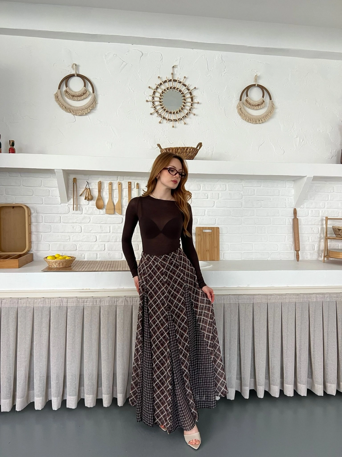 İçi Astarlı Desenli Şifon Etek Kahve