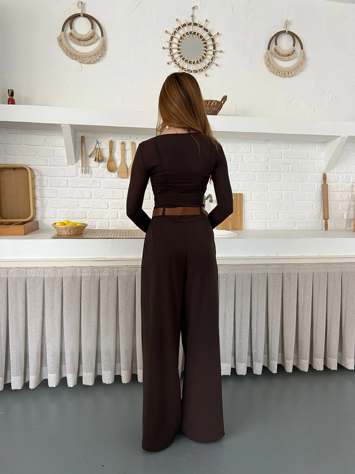 Pile Detaylı Kemerli Bol Paça Pantolon Acı Kahve