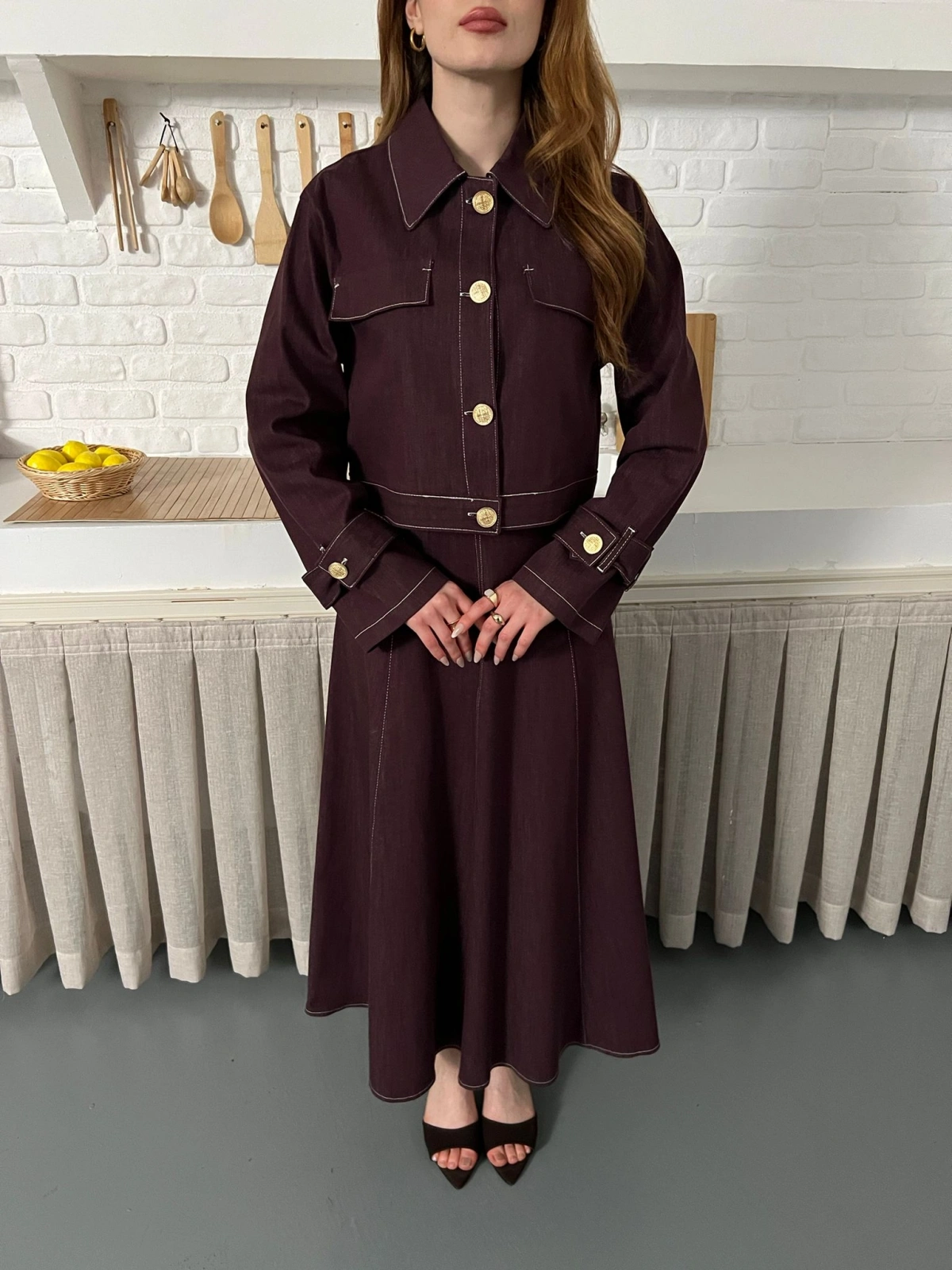 Elbise-Ceket Denim Takım Mürdüm