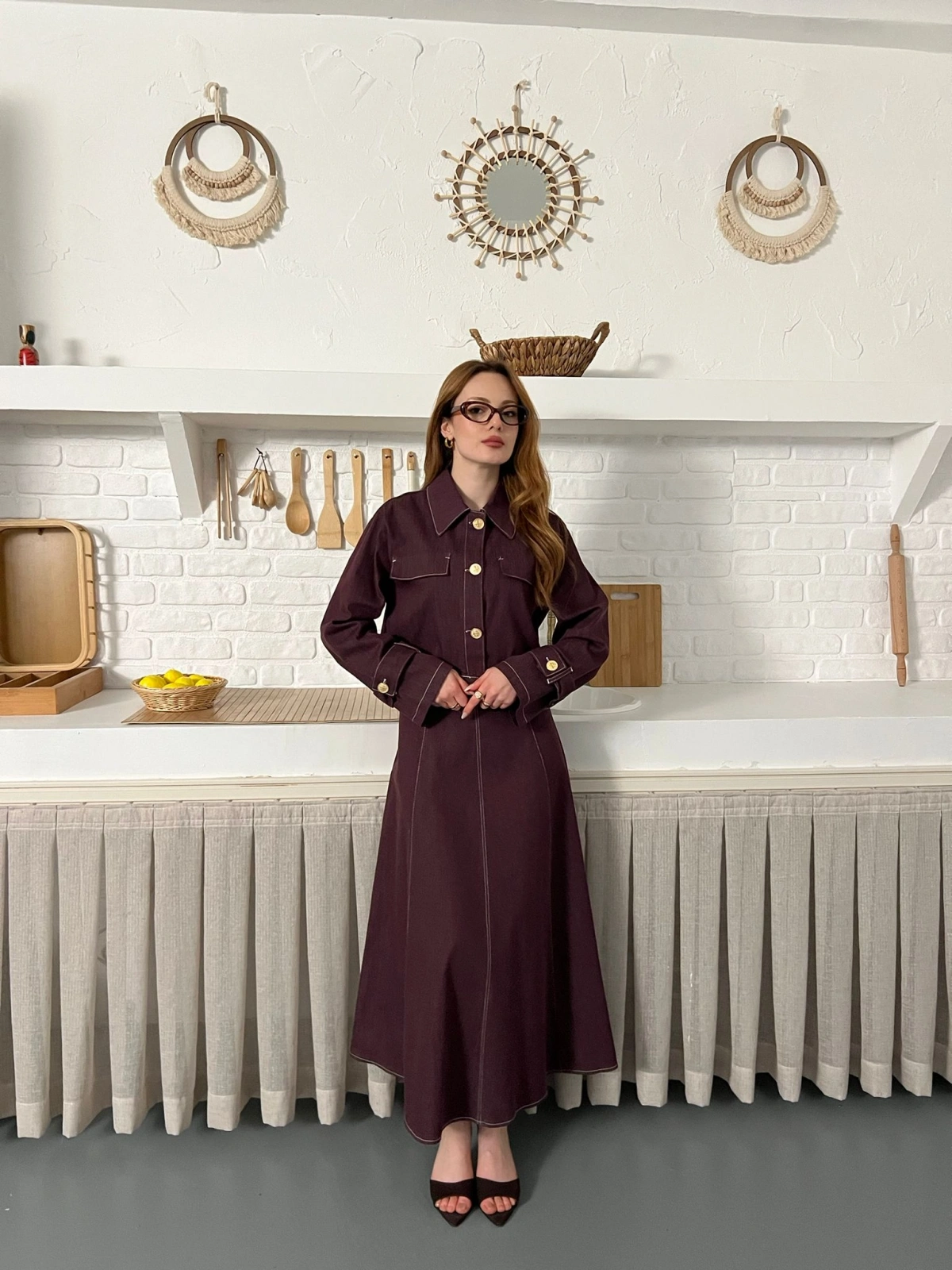 Elbise-Ceket Denim Takım Mürdüm