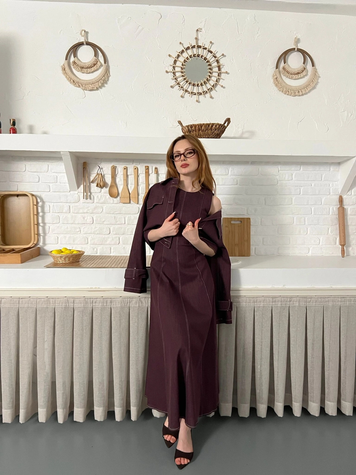 Elbise-Ceket Denim Takım Mürdüm