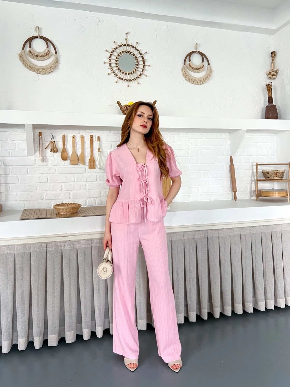 Çilek Kumaş Önden Bağlamalı Takım Pembe