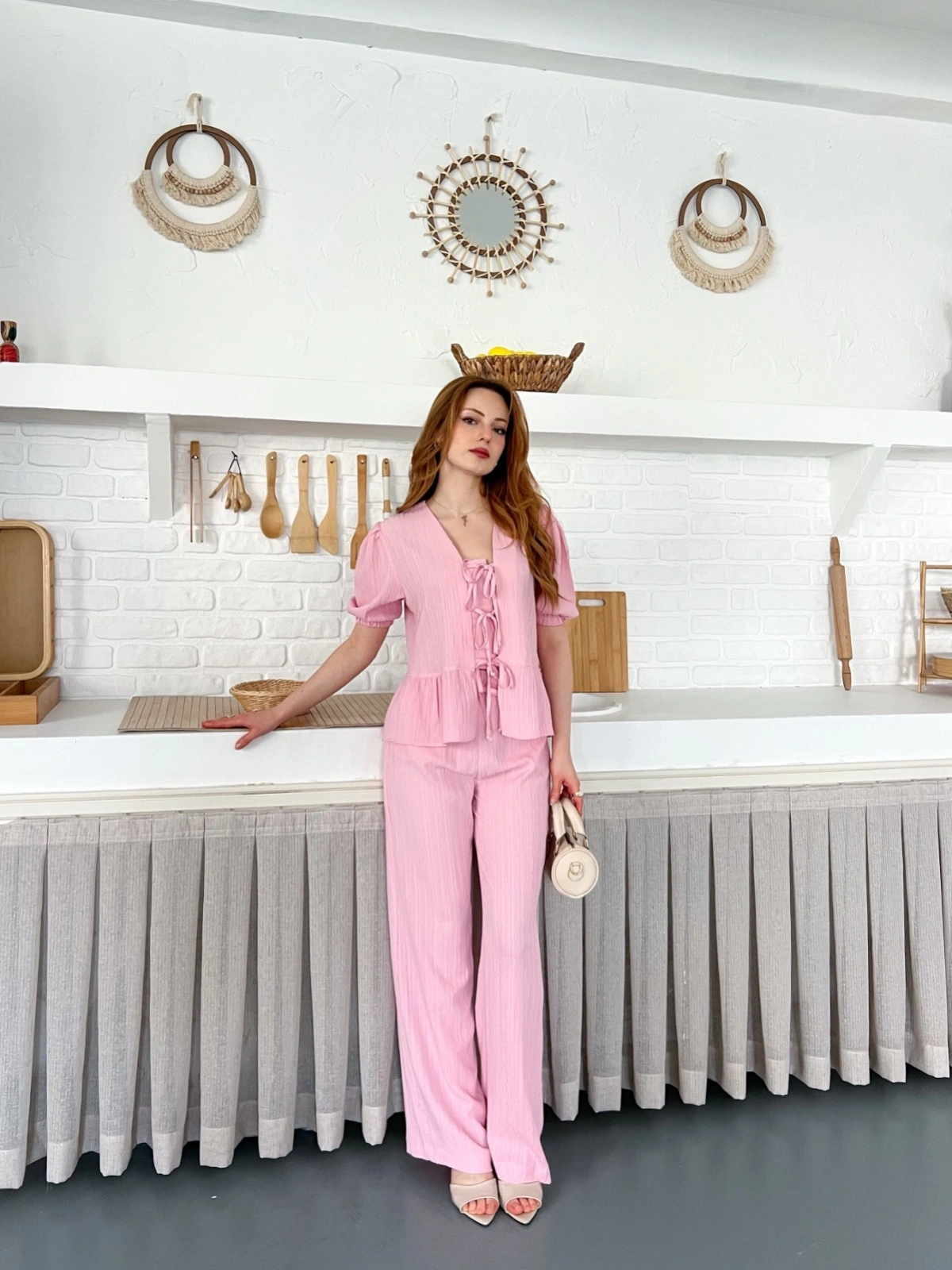 Çilek Kumaş Önden Bağlamalı Takım Pembe