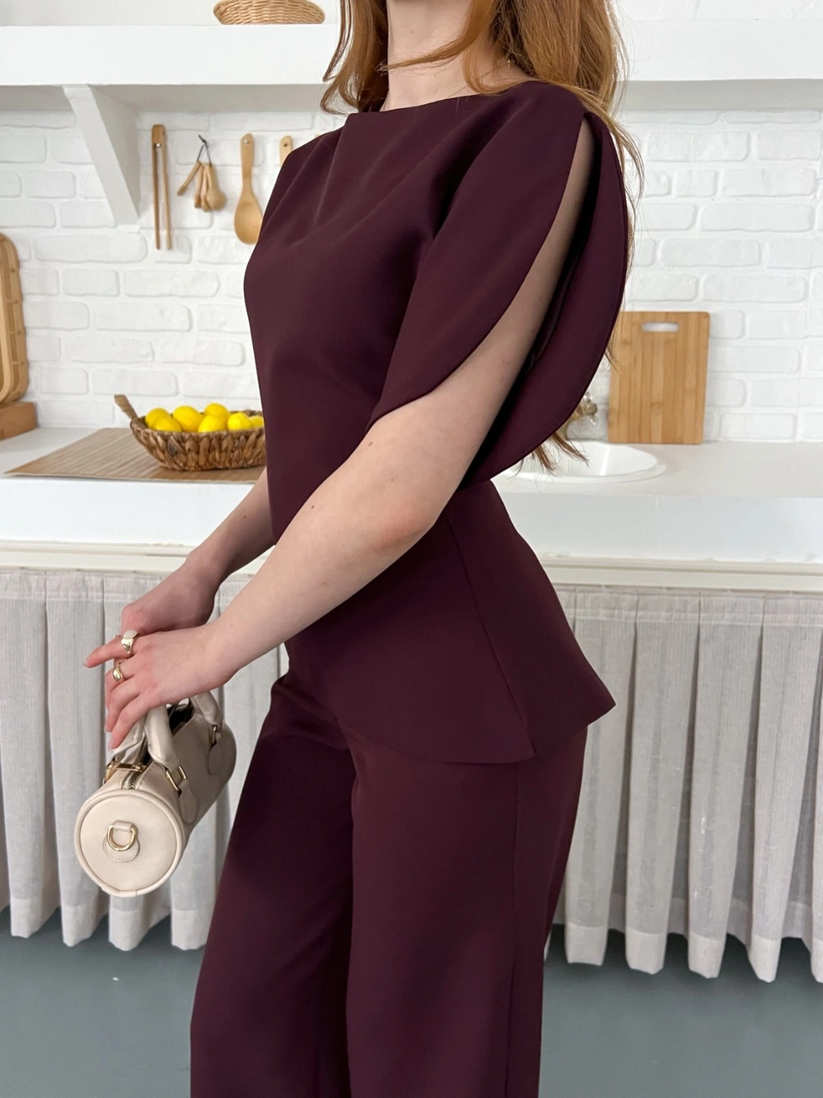 Omuz Detaylı Pantolonlu Takım Mürdüm