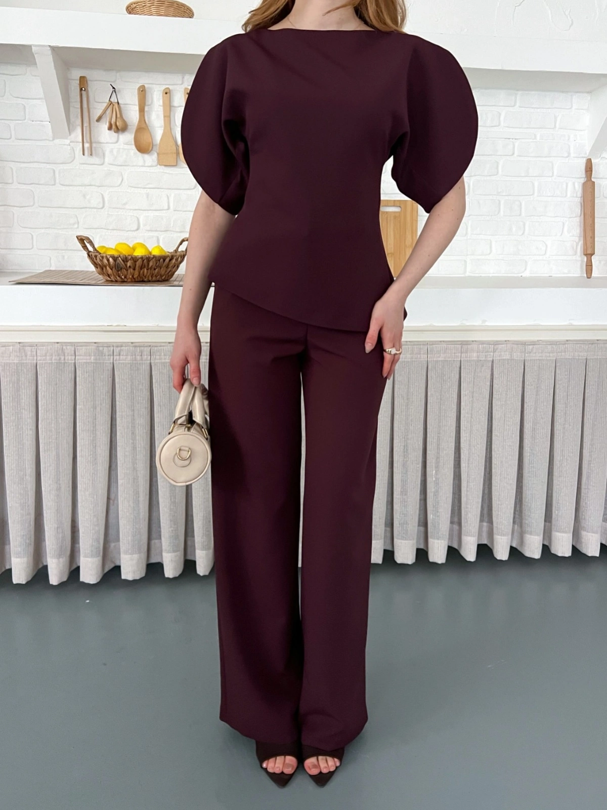 Omuz Detaylı Pantolonlu Takım Mürdüm