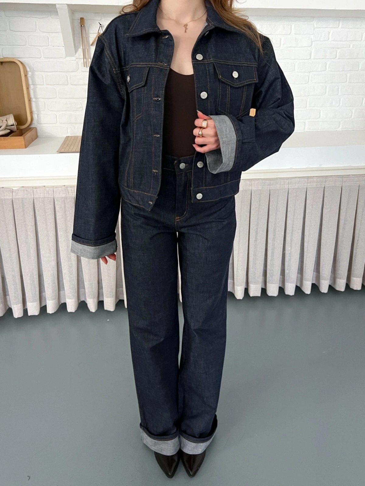 Kontrast Dikiş Detaylı Denim Takım Lacivert
