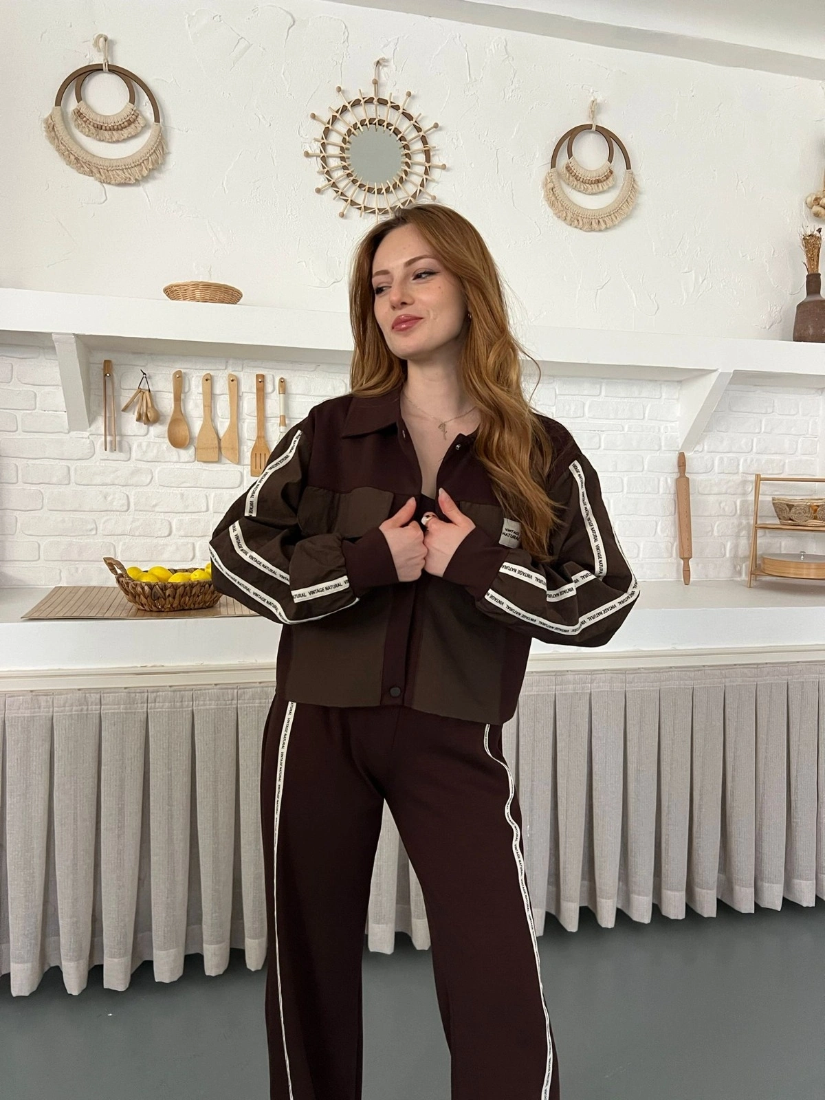 Şerit Detay Spor Modal Vintage Takım Kahve