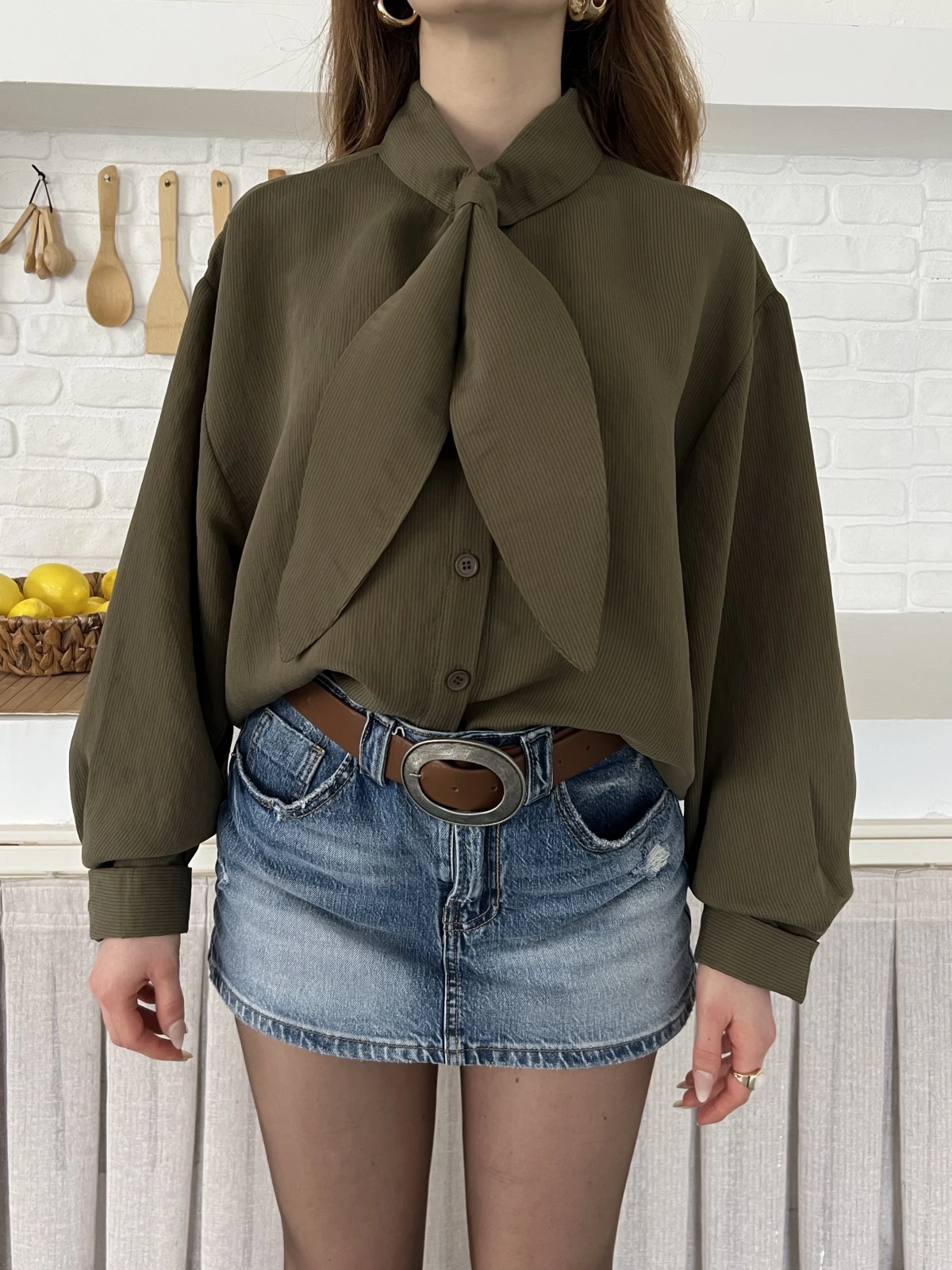 Fular Yaka Detaylı Oversize Gömlek Yeşil