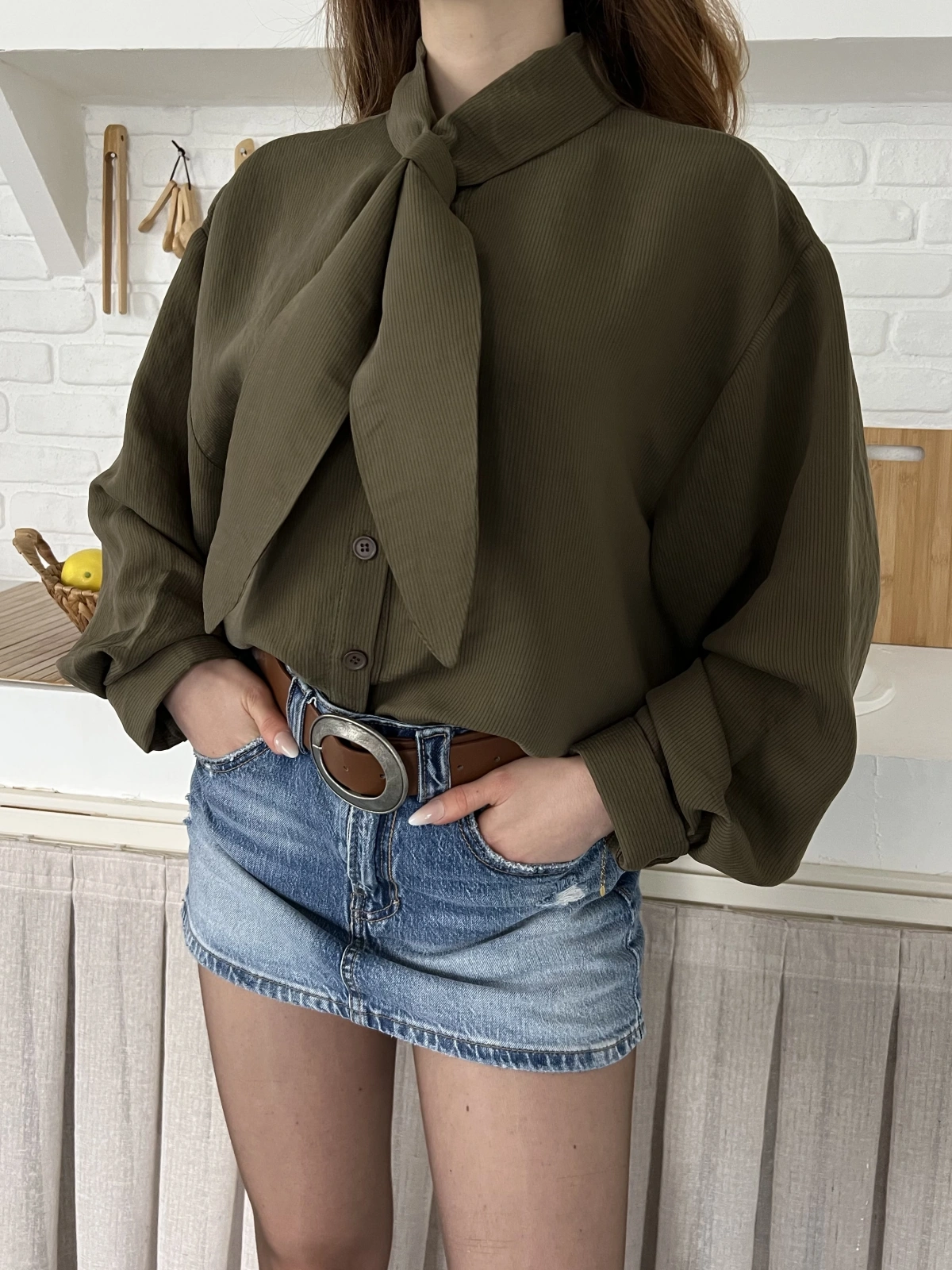 Fular Yaka Detaylı Oversize Gömlek Yeşil