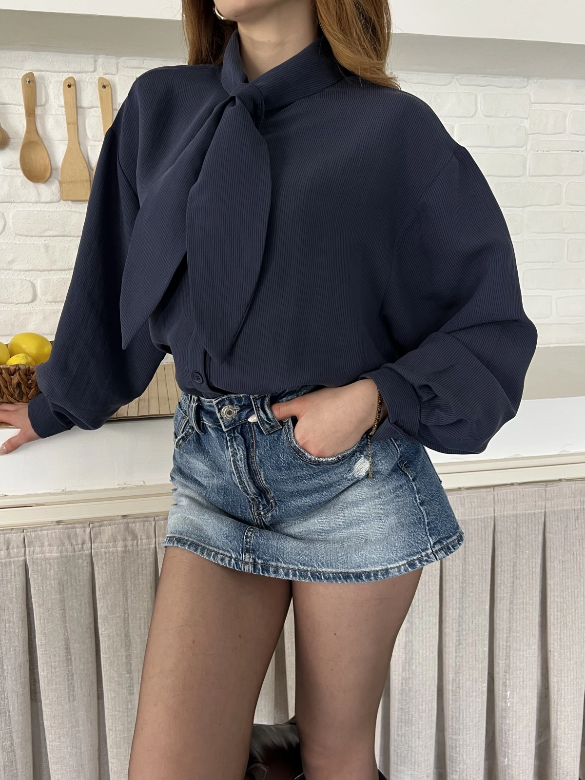 Fular Yaka Detaylı Oversize Gömlek Lacivert