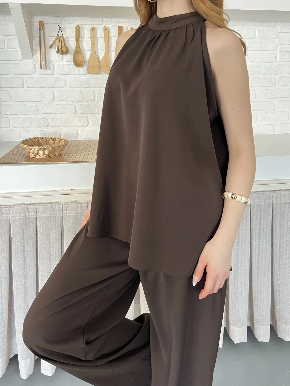 Modern Halter Yaka Tasarım Takım Kahve