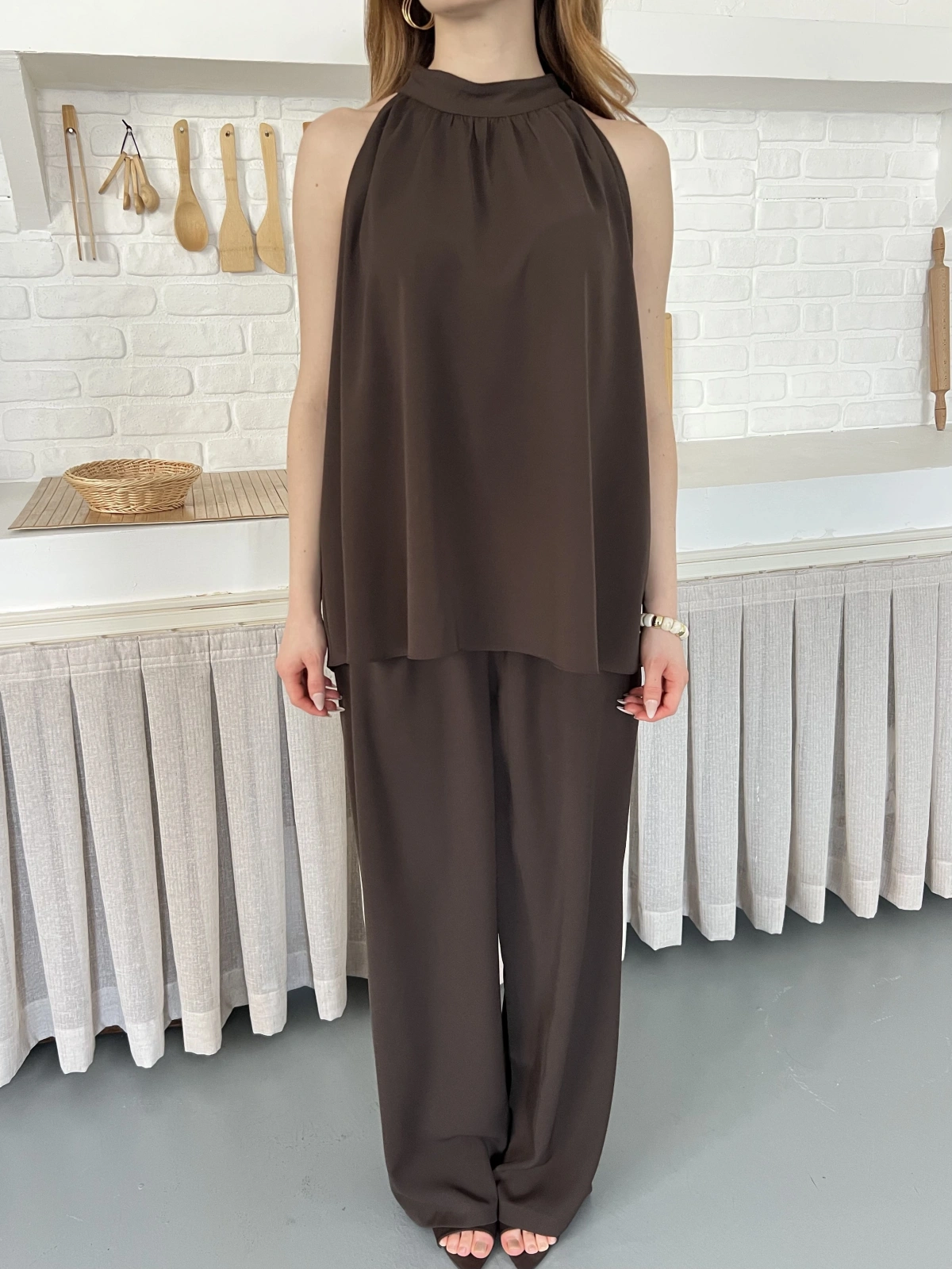 Modern Halter Yaka Tasarım Takım Kahve