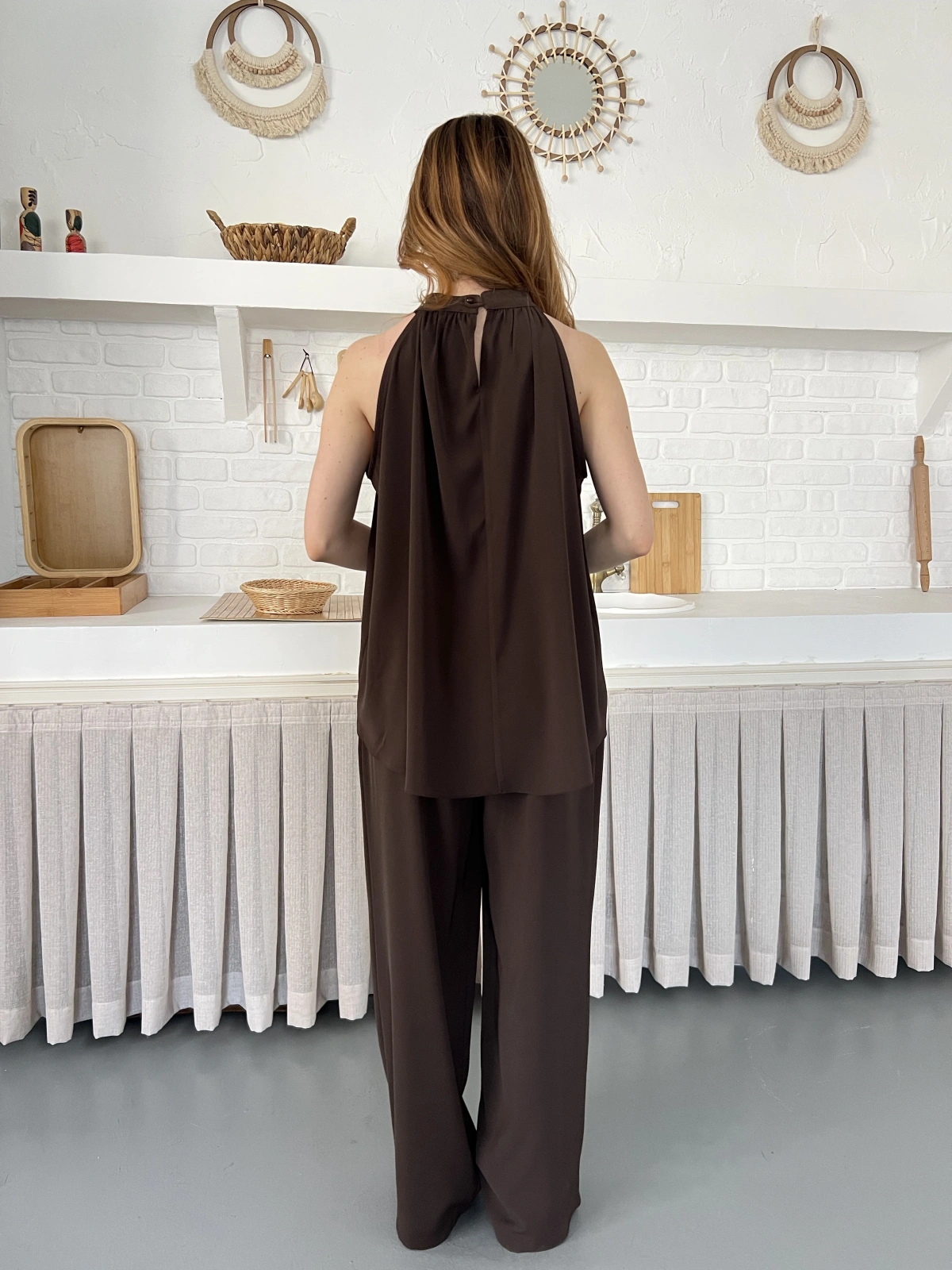 Modern Halter Yaka Tasarım Takım Kahve