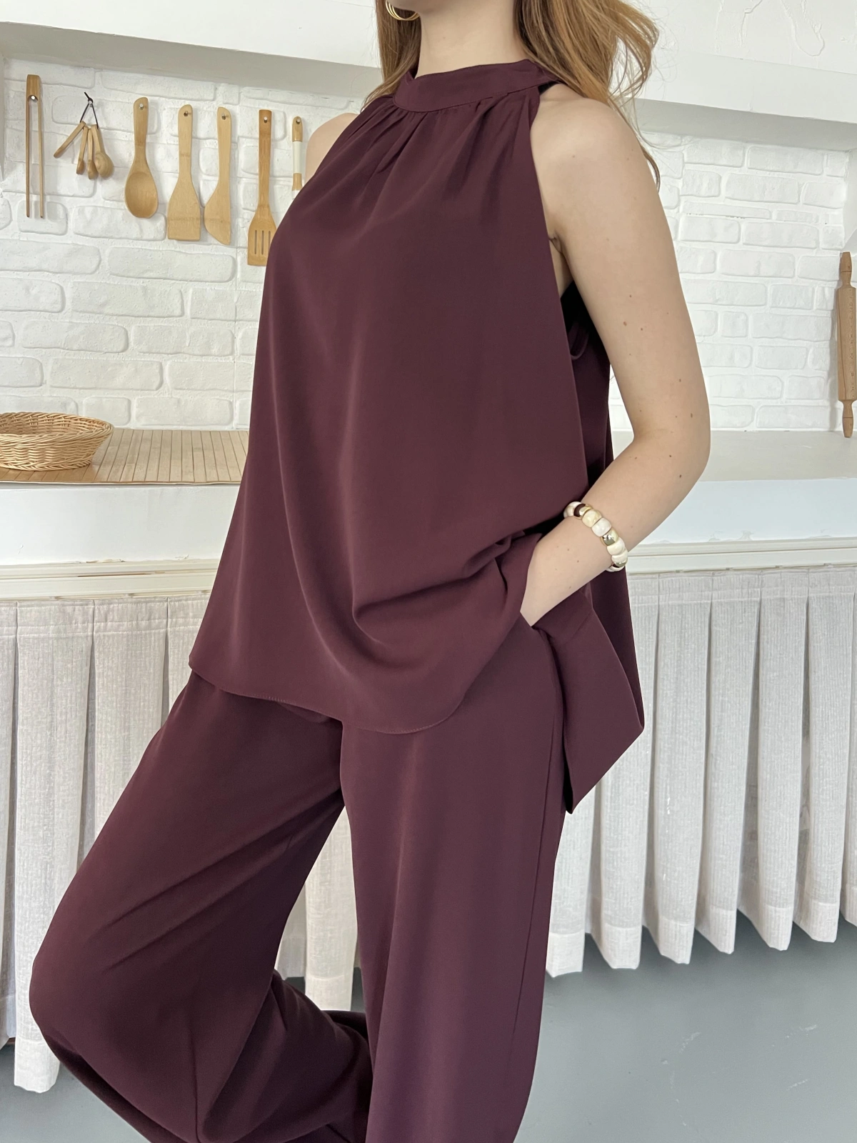 Modern Halter Yaka Tasarım Takım Bordo