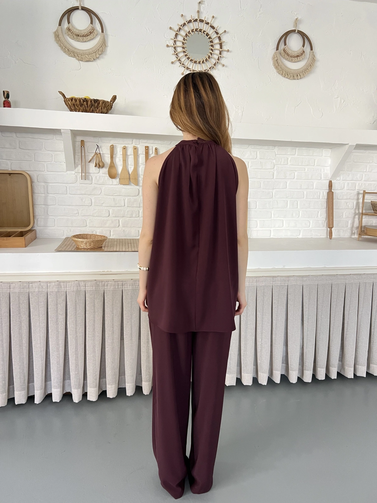 Modern Halter Yaka Tasarım Takım Bordo