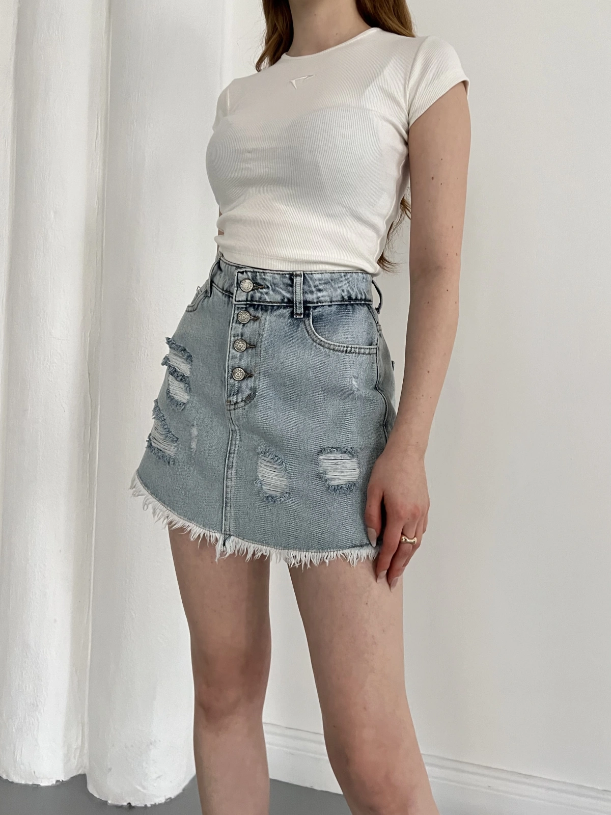 Yıkamalı Düğme Detaylı Denim Etek Mavi