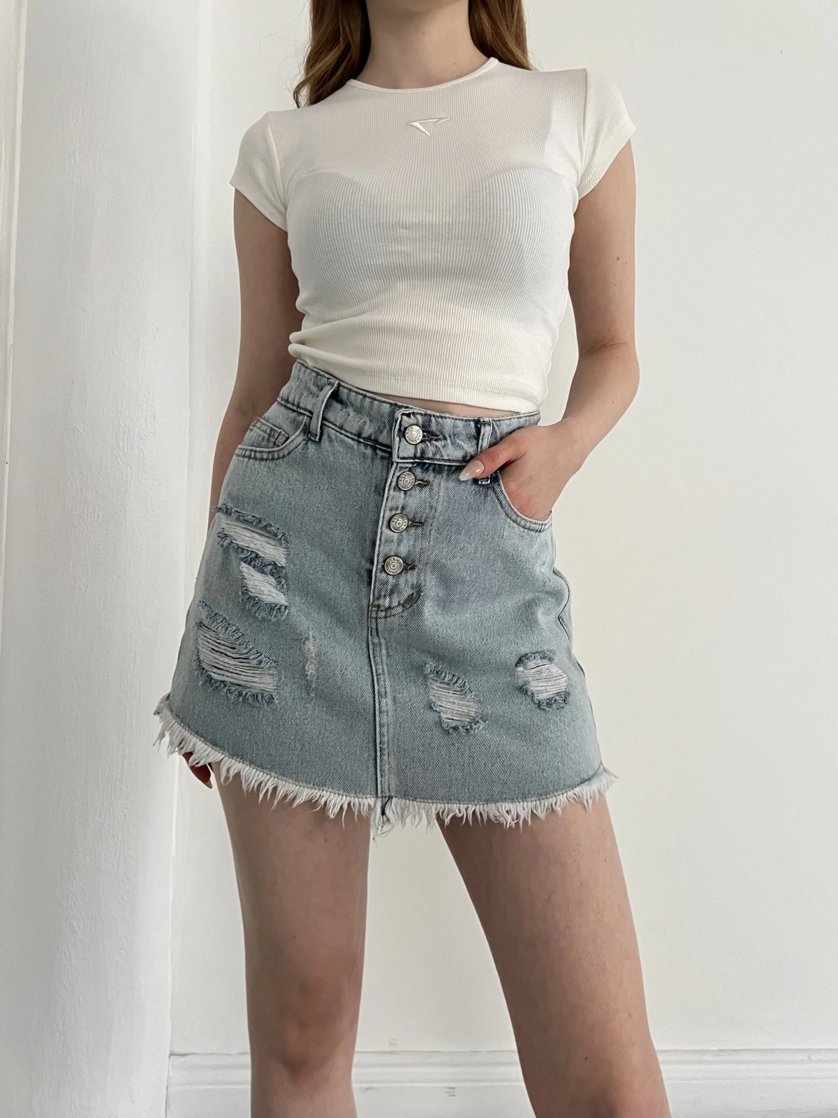 Yıkamalı Düğme Detaylı Denim Etek Mavi