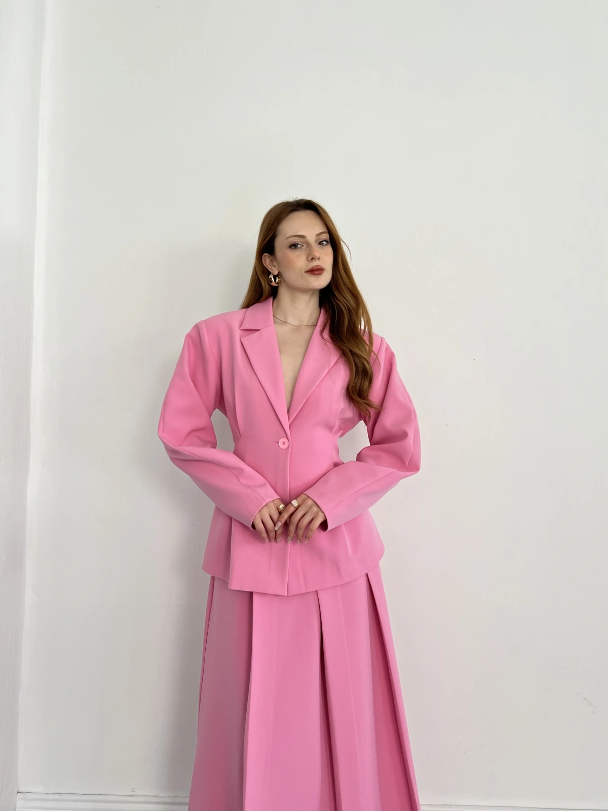 Kruvaze Yaka Ceket-Etek Takım Pembe