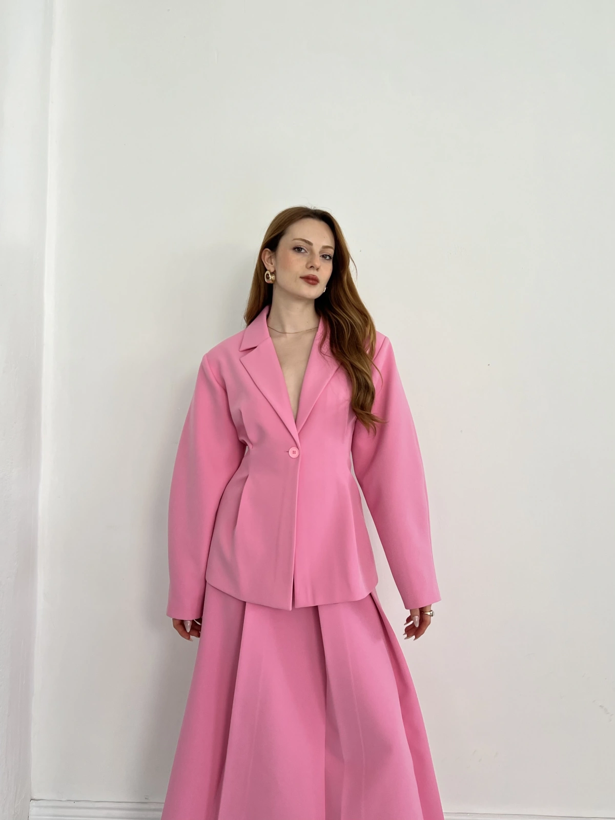 Kruvaze Yaka Ceket-Etek Takım Pembe