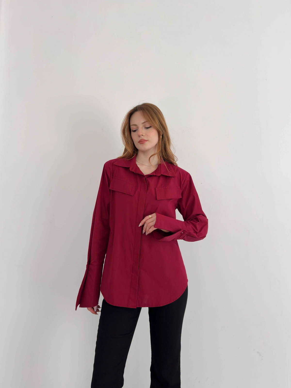 Poplin Kol Detaylı Gömlek Bordo