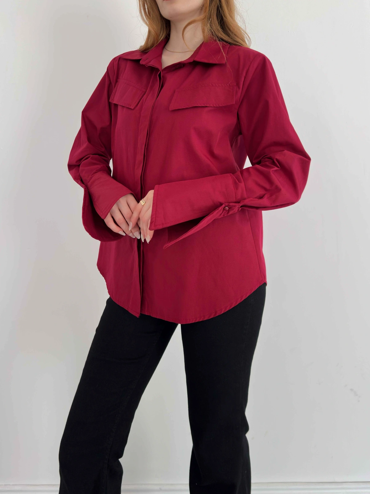 Poplin Kol Detaylı Gömlek Bordo