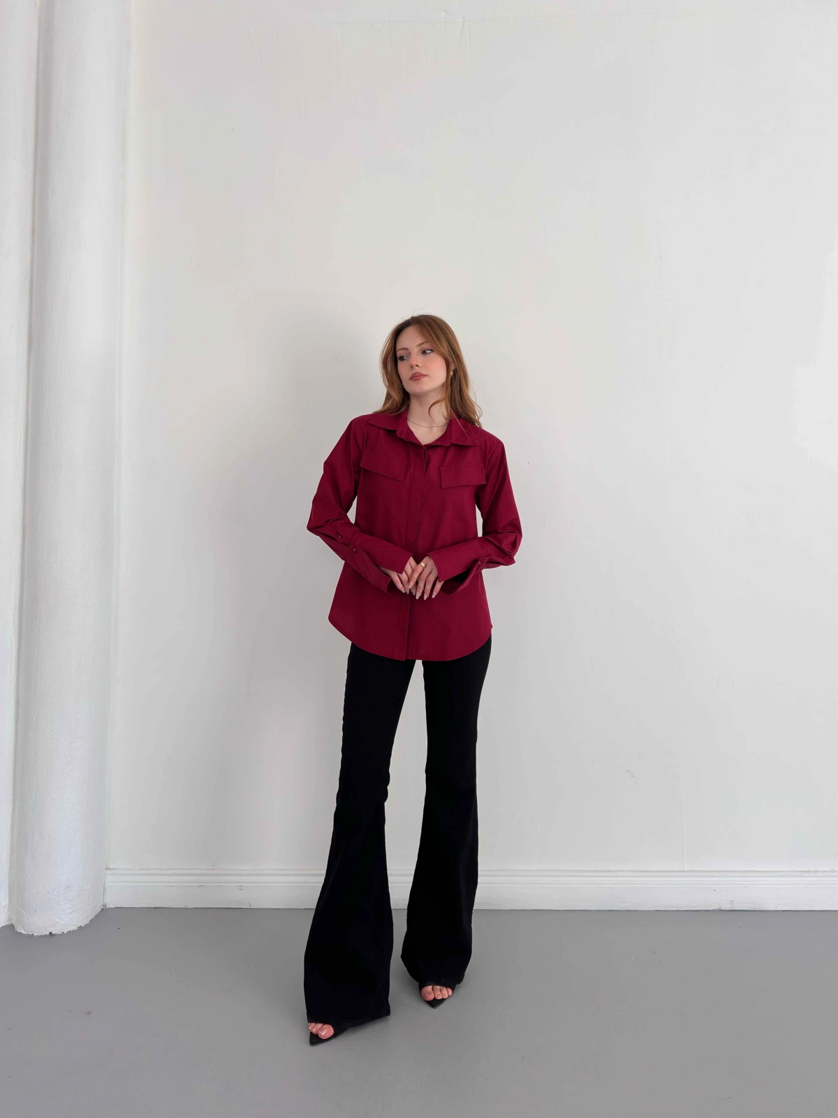 Poplin Kol Detaylı Gömlek Bordo