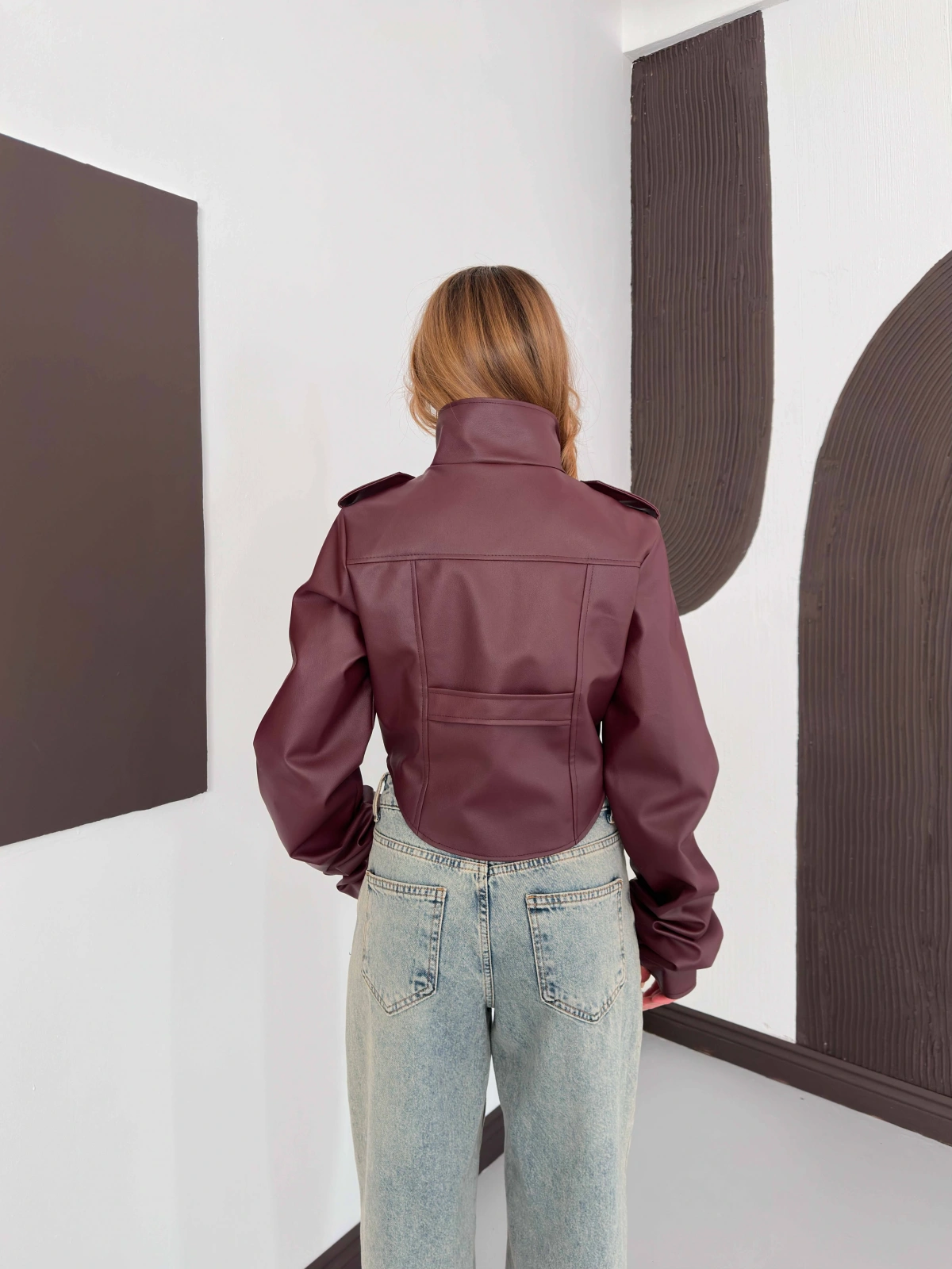 Korse Detaylı Premium Tasarım Deri Ceket Bordo