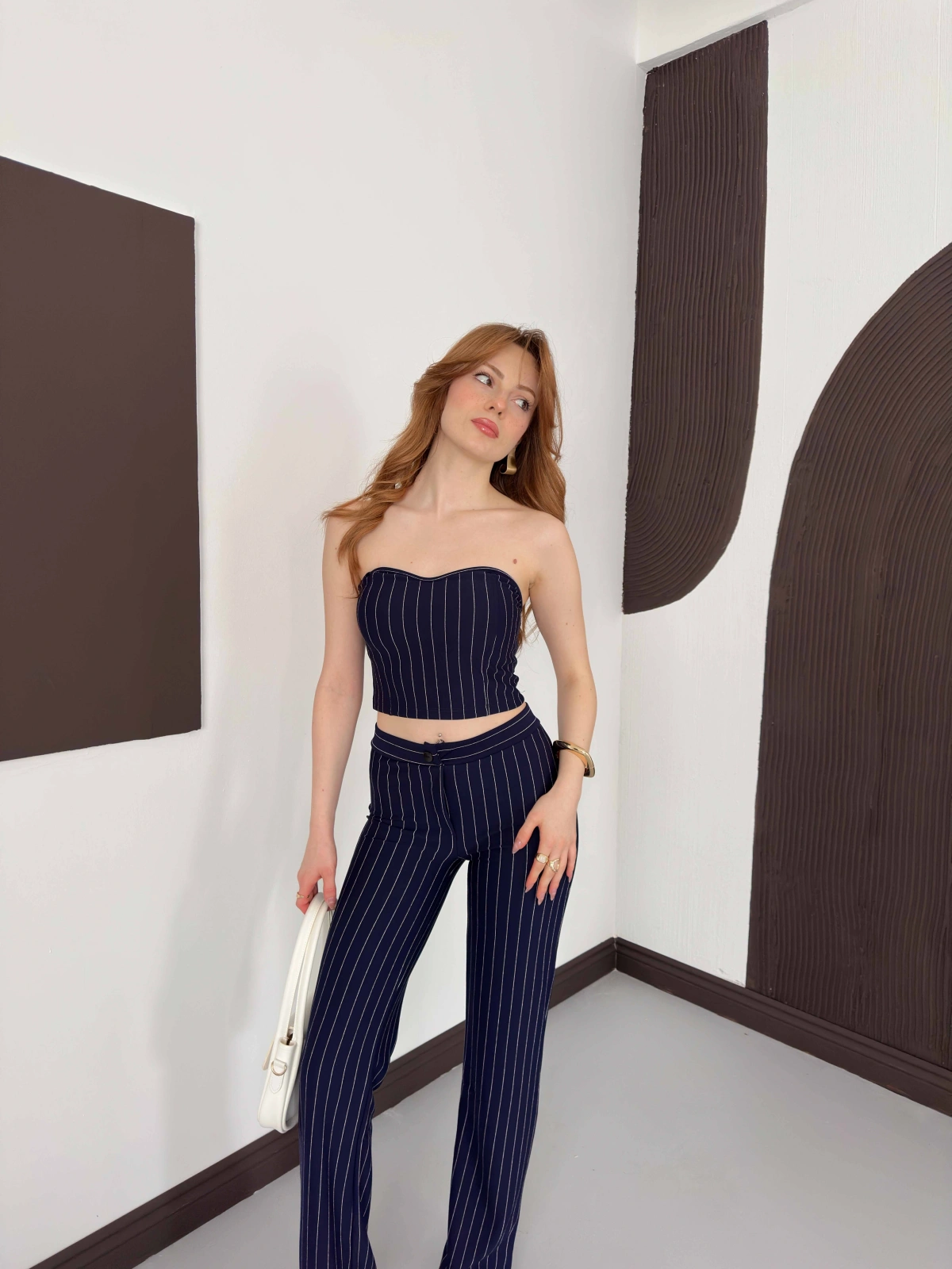 Çizgi Detaylı Crop - Pantolon Takım Lacivert