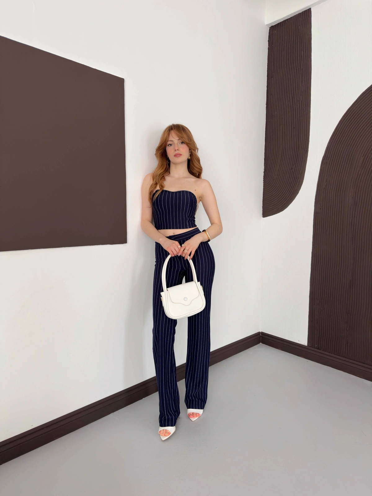 Çizgi Detaylı Crop - Pantolon Takım Lacivert