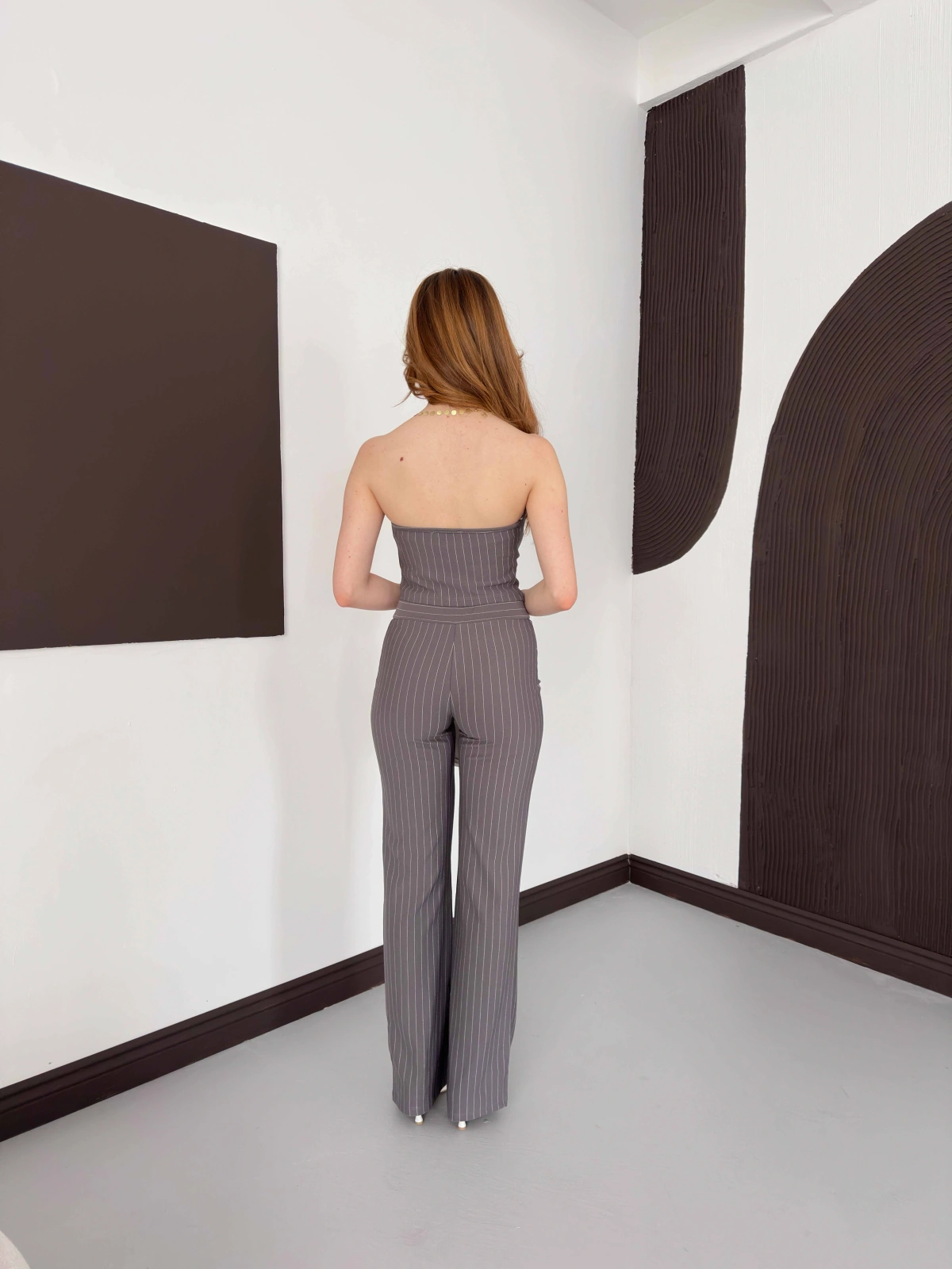 Çizgi Detaylı Crop - Pantolon Takım Gri