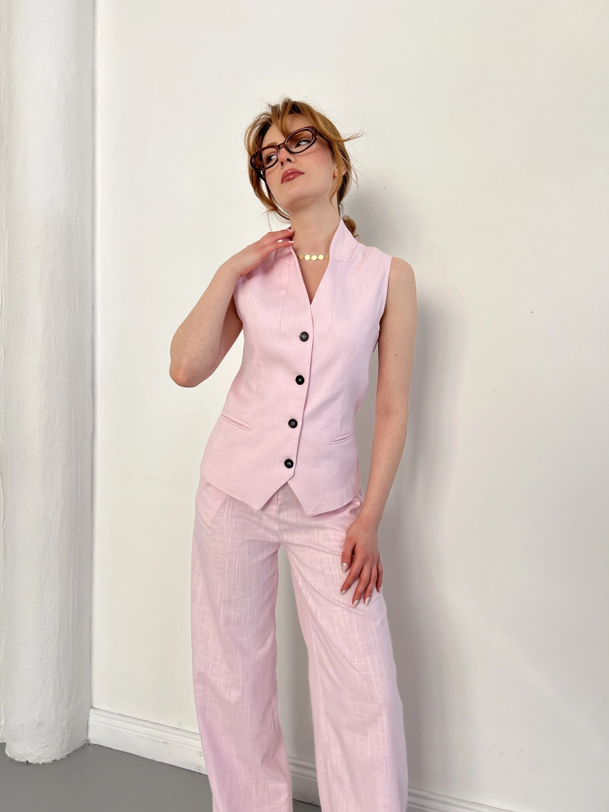 Keten Kumaş Düğme Detay Yelek-Pantolon Takım Pembe