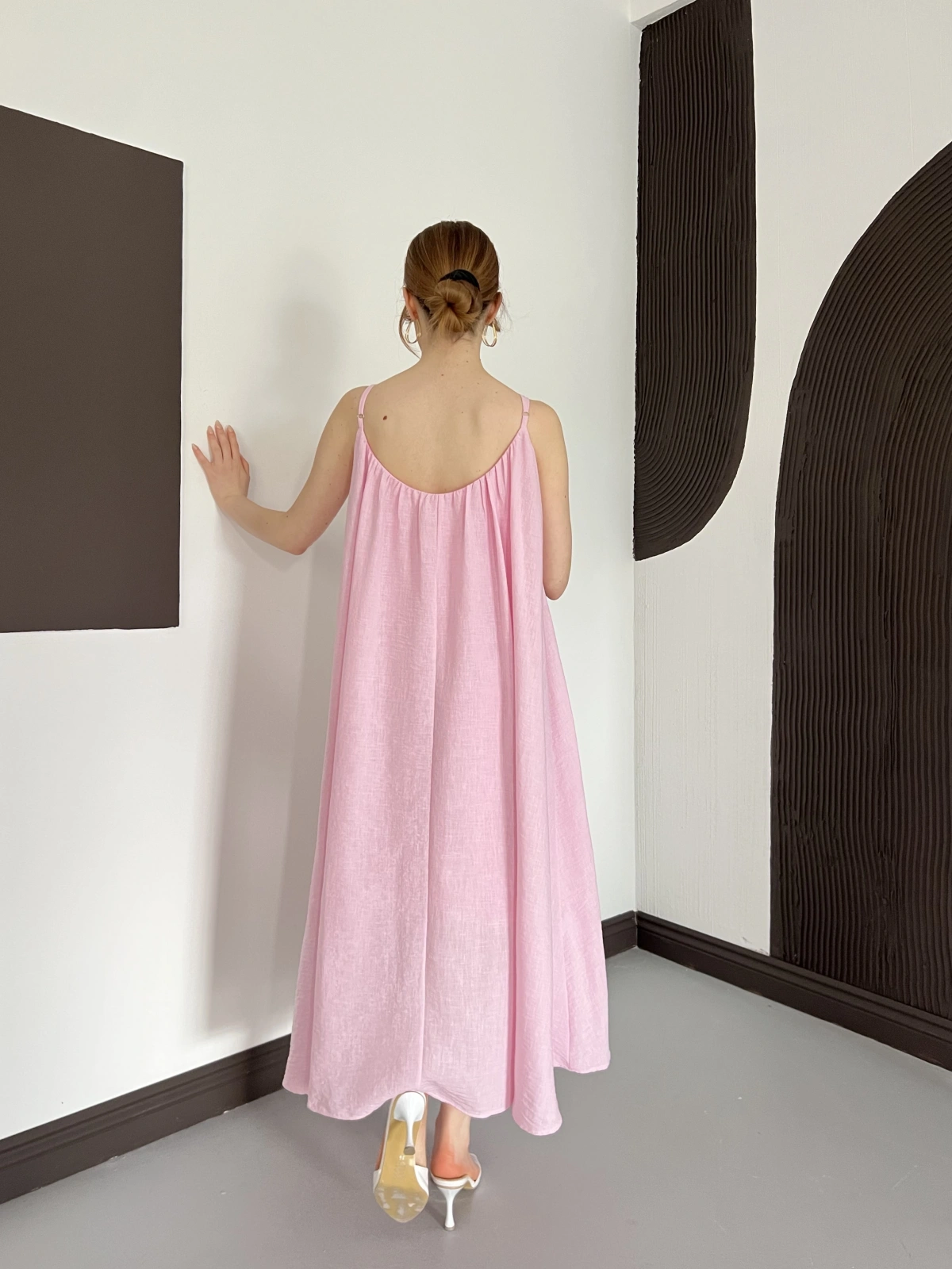 İp Askılı Astarlı Muslin Elbise Pembe