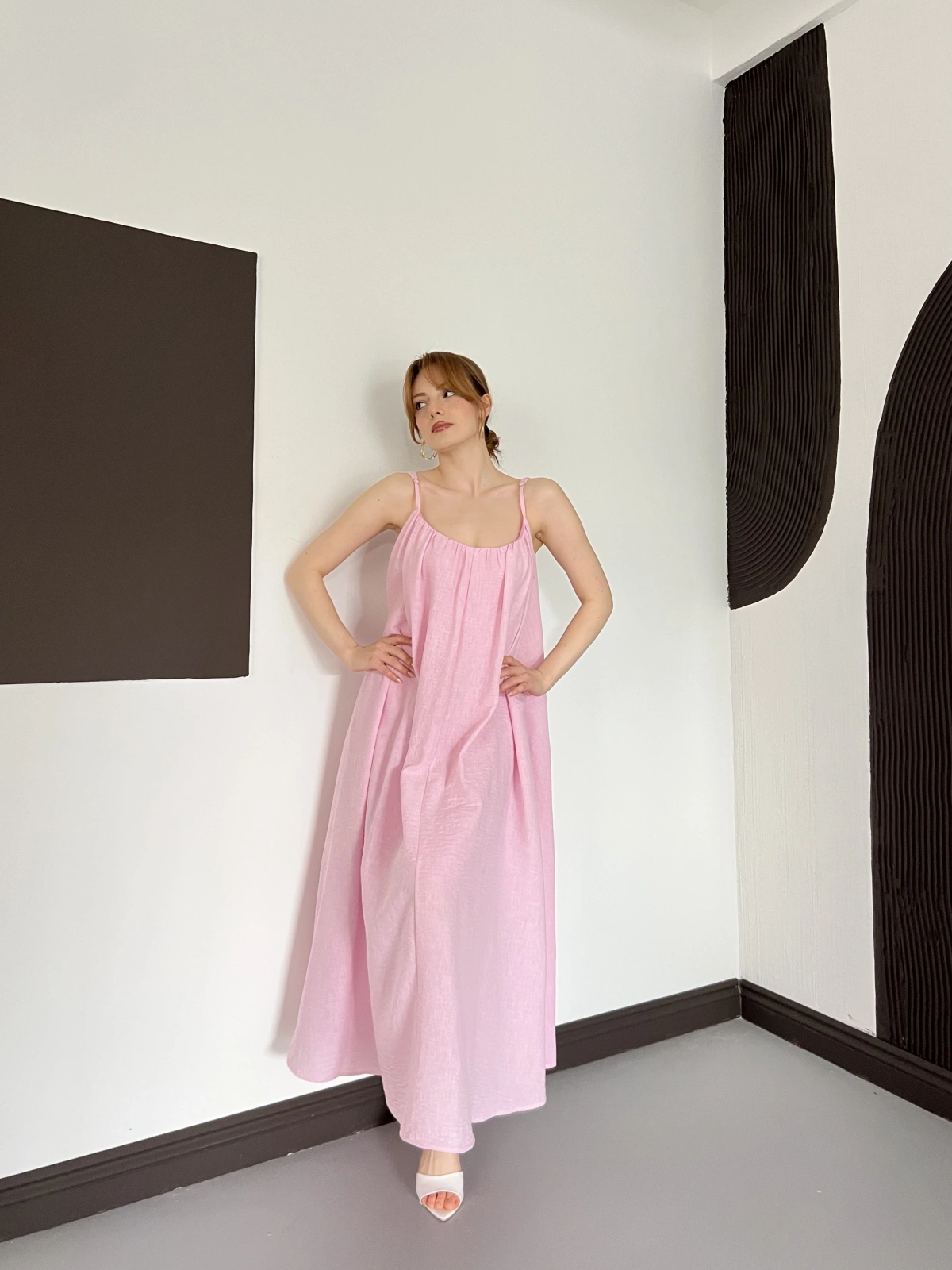 İp Askılı Astarlı Muslin Elbise Pembe